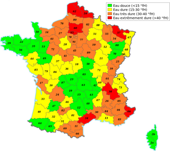 Carte de la dureté de l'eau en France